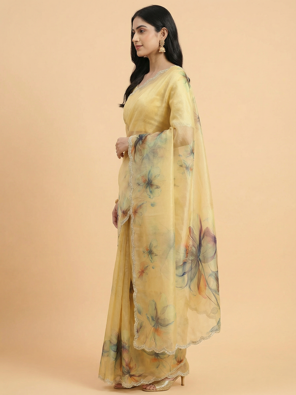 Floral Digital Print Tissue Saree With Scalped Border