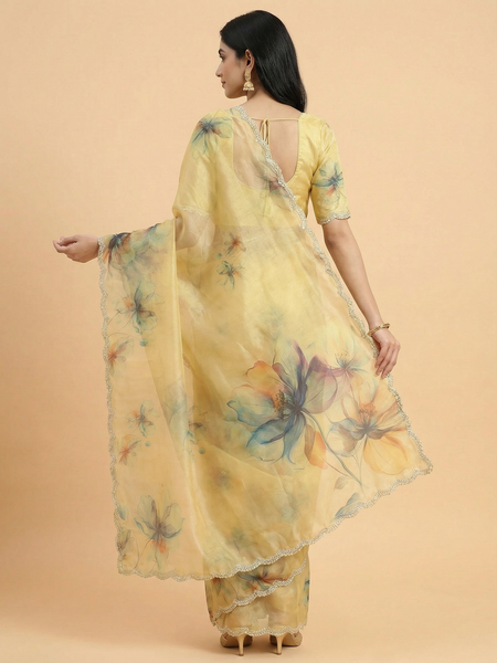 Floral Digital Print Tissue Saree With Scalped Border