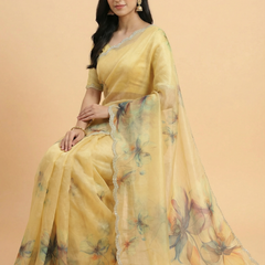 Floral Digital Print Tissue Saree With Scalped Border