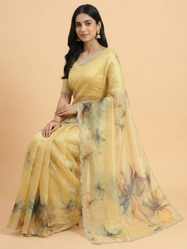 Floral Digital Print Tissue Saree With Scalped Border