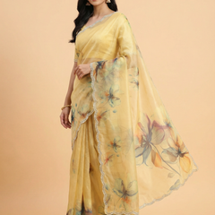 Floral Digital Print Tissue Saree With Scalped Border