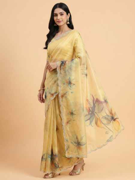 Floral Digital Print Tissue Saree With Scalped Border