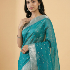 Teal Blue Colour Stone Work & Zari Butti Design Organza Saree