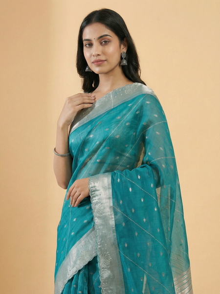 Teal Blue Colour Stone Work & Zari Butti Design Organza Saree