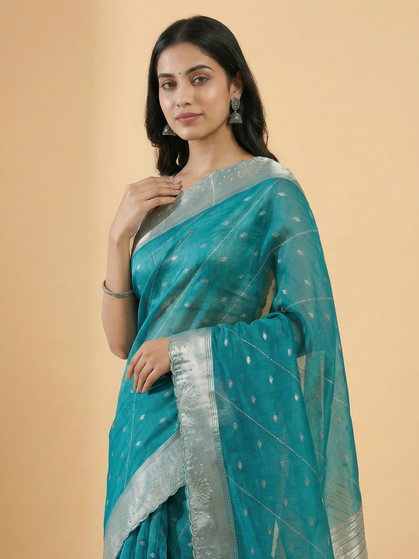 Teal Blue Colour Stone Work & Zari Butti Design Organza Saree