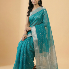 Teal Blue Colour Stone Work & Zari Butti Design Organza Saree