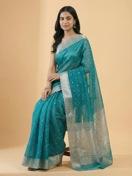 Teal Blue Colour Stone Work & Zari Butti Design Organza Saree