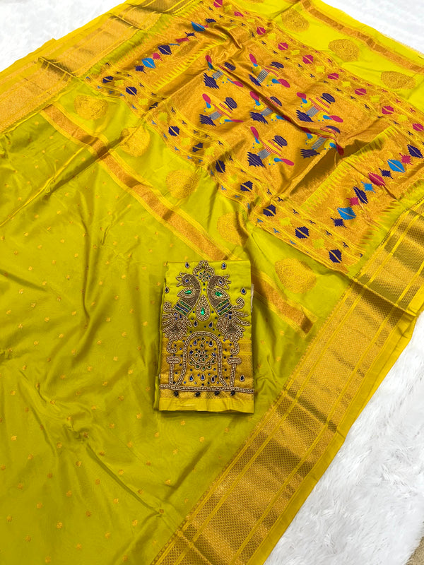 Trending Munga Work Pastel Yellow Paithani