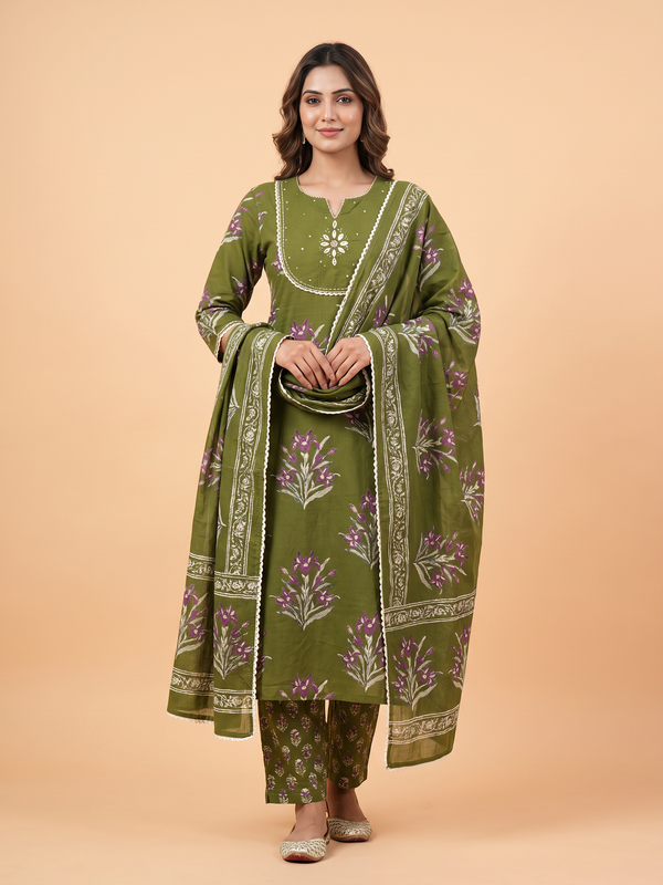 Soft Cotton Block Printed Dress With Neckline work