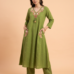Trending A-Line Olive Green Cotton Dress With Pockets