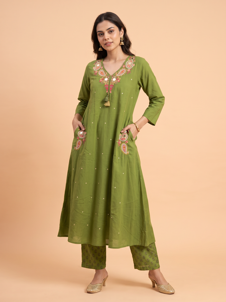 Trending A-Line Olive Green Cotton Dress With Pockets