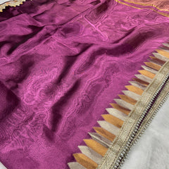 Purple Banaras Tissue Saree With Trending Lace & Temple Border With Lining Blouse