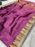 Purple Banaras Tissue Saree With Trending Lace & Temple Border With Lining Blouse