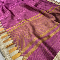 Purple Banaras Tissue Saree With Trending Lace & Temple Border With Lining Blouse