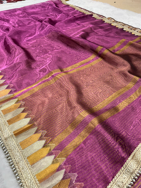 Purple Banaras Tissue Saree With Trending Lace & Temple Border With Lining Blouse