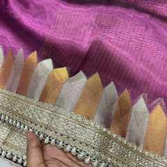 Purple Banaras Tissue Saree With Trending Lace & Temple Border With Lining Blouse