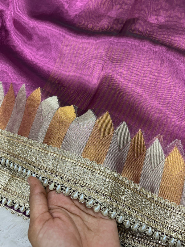 Purple Banaras Tissue Saree With Trending Lace & Temple Border With Lining Blouse