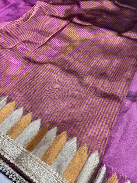 Purple Banaras Tissue Saree With Trending Lace & Temple Border With Lining Blouse