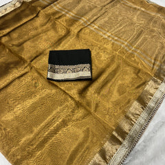 Golden Rekha Tissue Saree With Trending Lace & Contrast Blouse