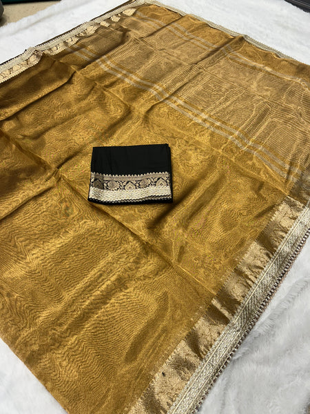 Golden Rekha Tissue Saree With Trending Lace & Contrast Blouse