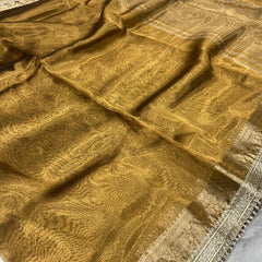 Golden Rekha Tissue Saree With Trending Lace & Contrast Blouse