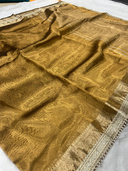Golden Rekha Tissue Saree With Trending Lace & Contrast Blouse