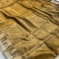 Golden Rekha Tissue Saree With Trending Lace & Contrast Blouse