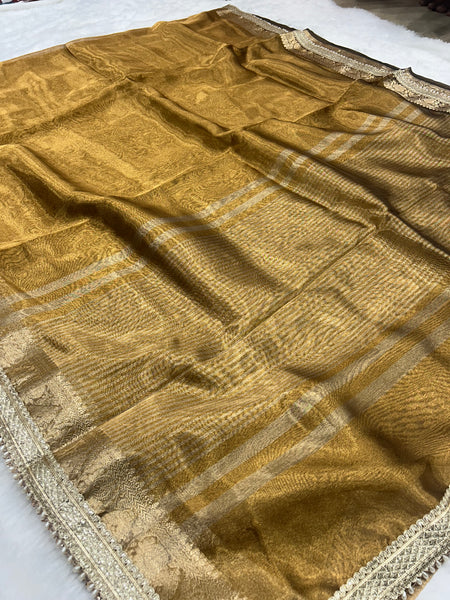 Golden Rekha Tissue Saree With Trending Lace & Contrast Blouse
