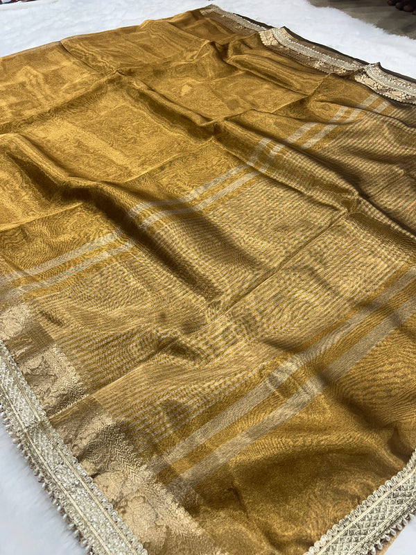 Golden Rekha Tissue Saree With Trending Lace & Contrast Blouse