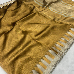 Golden Rekha Tissue Saree With Trending Lace & Temple Border With Lining Blouse