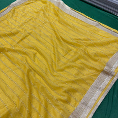 Designer Tissue Saree With Allover Work In Yellow Colour With Trending Border