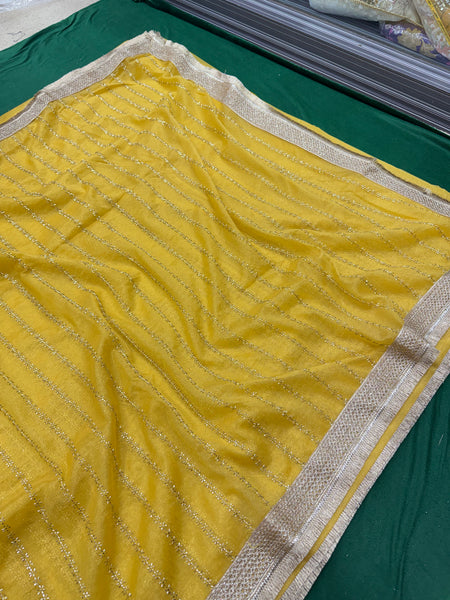 Designer Tissue Saree With Allover Work In Yellow Colour With Trending Border