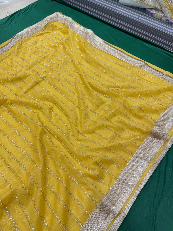 Designer Tissue Saree With Allover Work In Yellow Colour With Trending Border