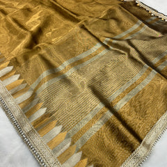 Golden Rekha Tissue Saree With Trending Lace & Temple Border With Lining Blouse