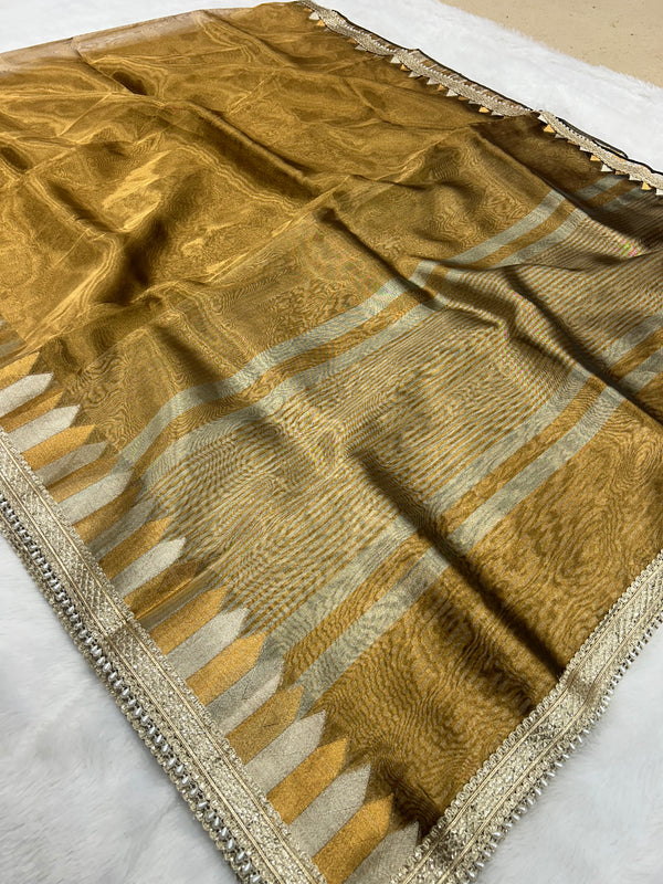 Golden Rekha Tissue Saree With Trending Lace & Temple Border With Lining Blouse