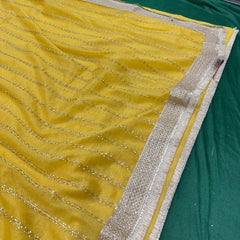 Designer Tissue Saree With Allover Work In Yellow Colour With Trending Border
