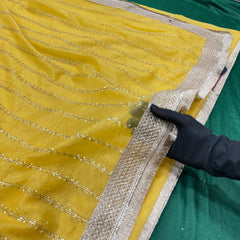 Designer Tissue Saree With Allover Work In Yellow Colour With Trending Border