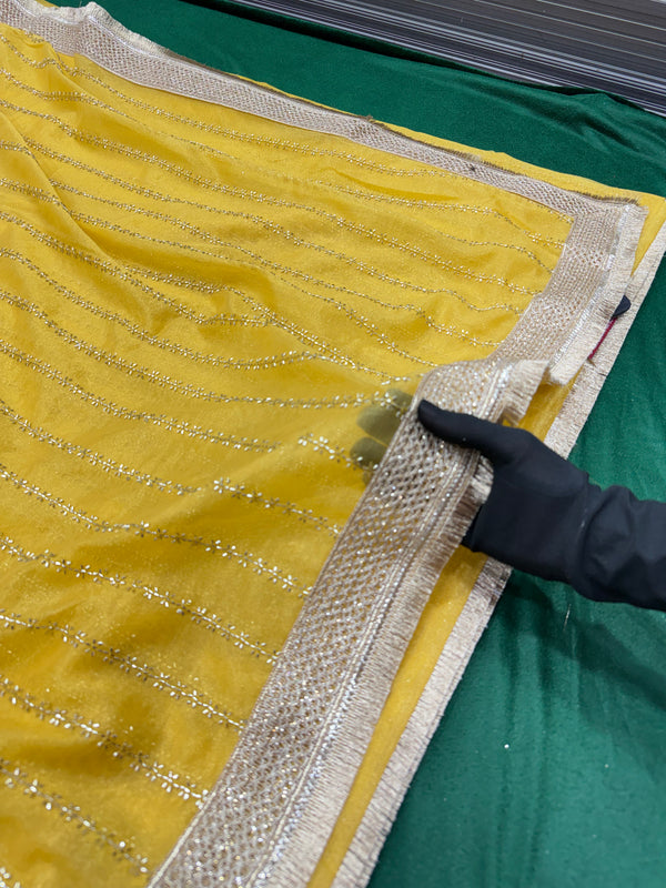 Designer Tissue Saree With Allover Work In Yellow Colour With Trending Border