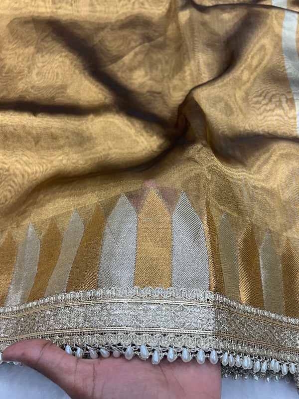 Golden Rekha Tissue Saree With Trending Lace & Temple Border With Lining Blouse