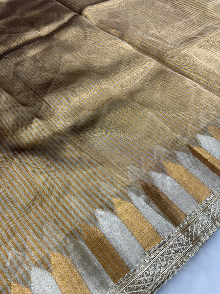 Golden Rekha Tissue Saree With Trending Lace & Temple Border With Lining Blouse