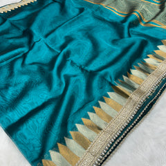 Blue Banaras Tissue Saree With Trending Lace & Temple Border With Lining Blouse