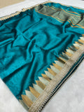 Blue Banaras Tissue Saree With Trending Lace & Temple Border With Lining Blouse