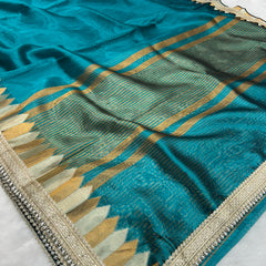 Blue Banaras Tissue Saree With Trending Lace & Temple Border With Lining Blouse