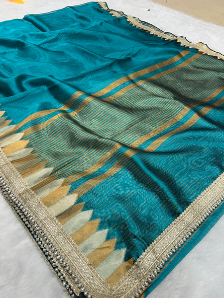 Blue Banaras Tissue Saree With Trending Lace & Temple Border With Lining Blouse