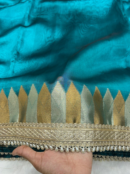 Blue Banaras Tissue Saree With Trending Lace & Temple Border With Lining Blouse