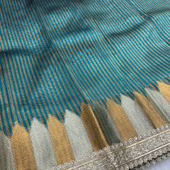 Blue Banaras Tissue Saree With Trending Lace & Temple Border With Lining Blouse