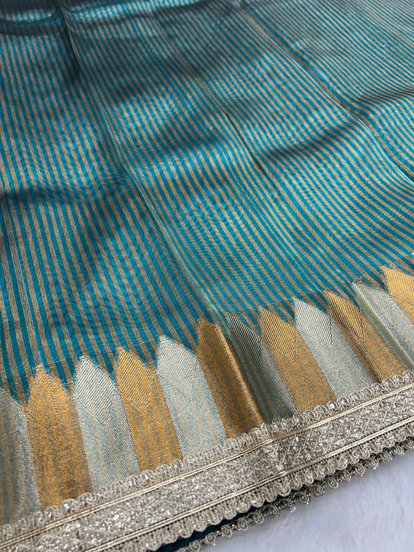 Blue Banaras Tissue Saree With Trending Lace & Temple Border With Lining Blouse