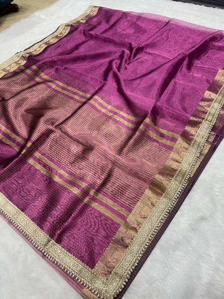 Purple Banarasi Tissue Saree With Trending Lace & Running Blouse