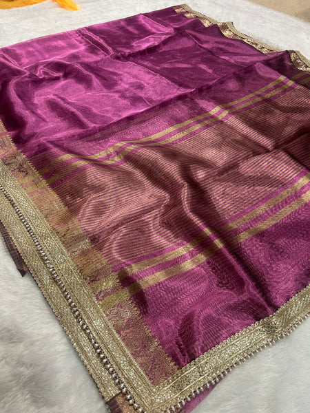 Purple Banarasi Tissue Saree With Trending Lace & Running Blouse