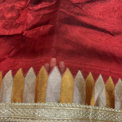 Blood Red Tissue Saree With Trending Lace & Temple Border With Lining Blouse